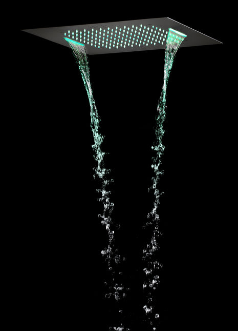 Matte black 20 inch flushed mount rainfall waterfall 64 LED light bluetooth music shower head
