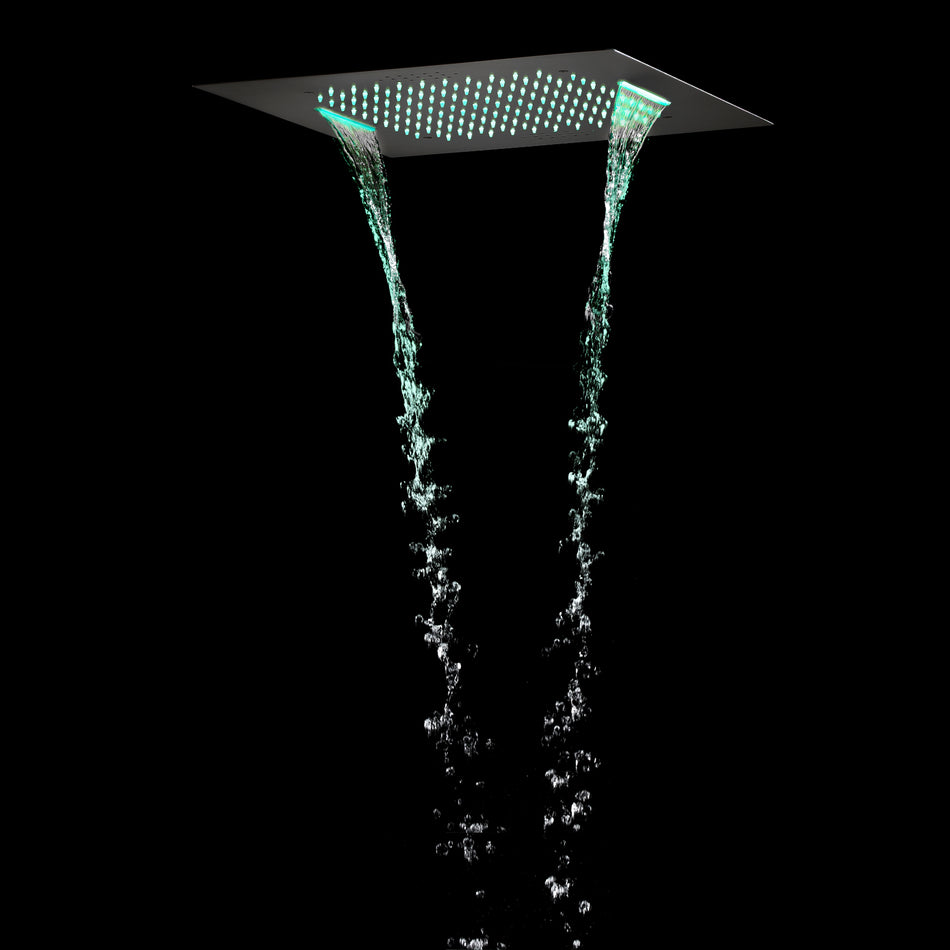 Matte black 20 inch flushed mount rainfall waterfall 64 LED light bluetooth music shower head
