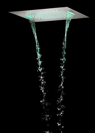 Brushed nickel 20 inch flushed mount rainfall waterfall 64 LED light bluetooth music shower head