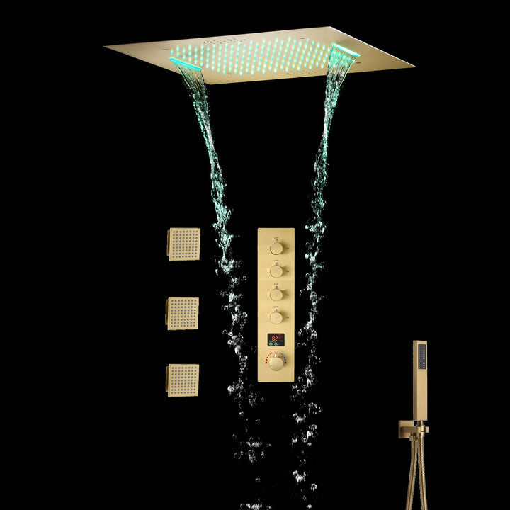 Brushed Gold Music 64 LED lights Flushed mount 20 X 20 inch rain waterfall shower head 4 way Digital display thermostatic valve that each function run all together and separately