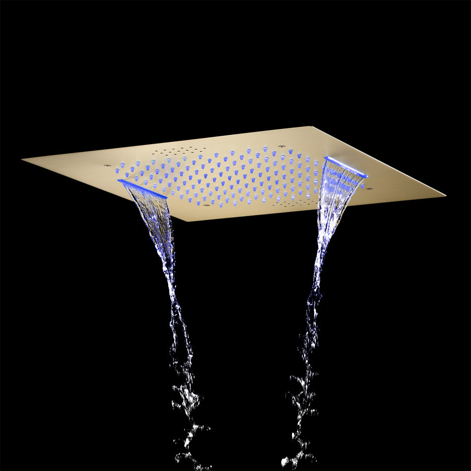 brushed gold 20 inch flushed mount rainfall waterfall bluetooth music 64 LED light shower head