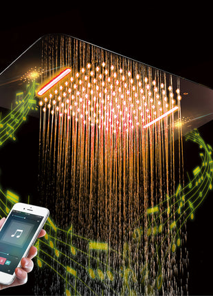 Matte Black 23 Inch Flushed Ceiling Mount Rainfall Waterfall 64 LED Light Bluetooth Music Shower Head 5 Way Thermostatic Shower Faucet Set with regular head and Touch Panel
