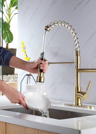 Brushed Gold High Arc brass Kitchen Sink Faucet Pull Down Spray with lock ring and deck plate