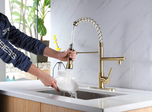 
                  
                    Brushed Gold High Arc brass Kitchen Sink Faucet Pull Down Spray with lock ring and deck plate
                  
                