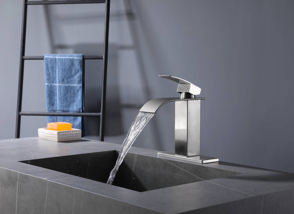 Brushed nickel waterfall Bathroom Faucet brass with plate and brass pop up drain