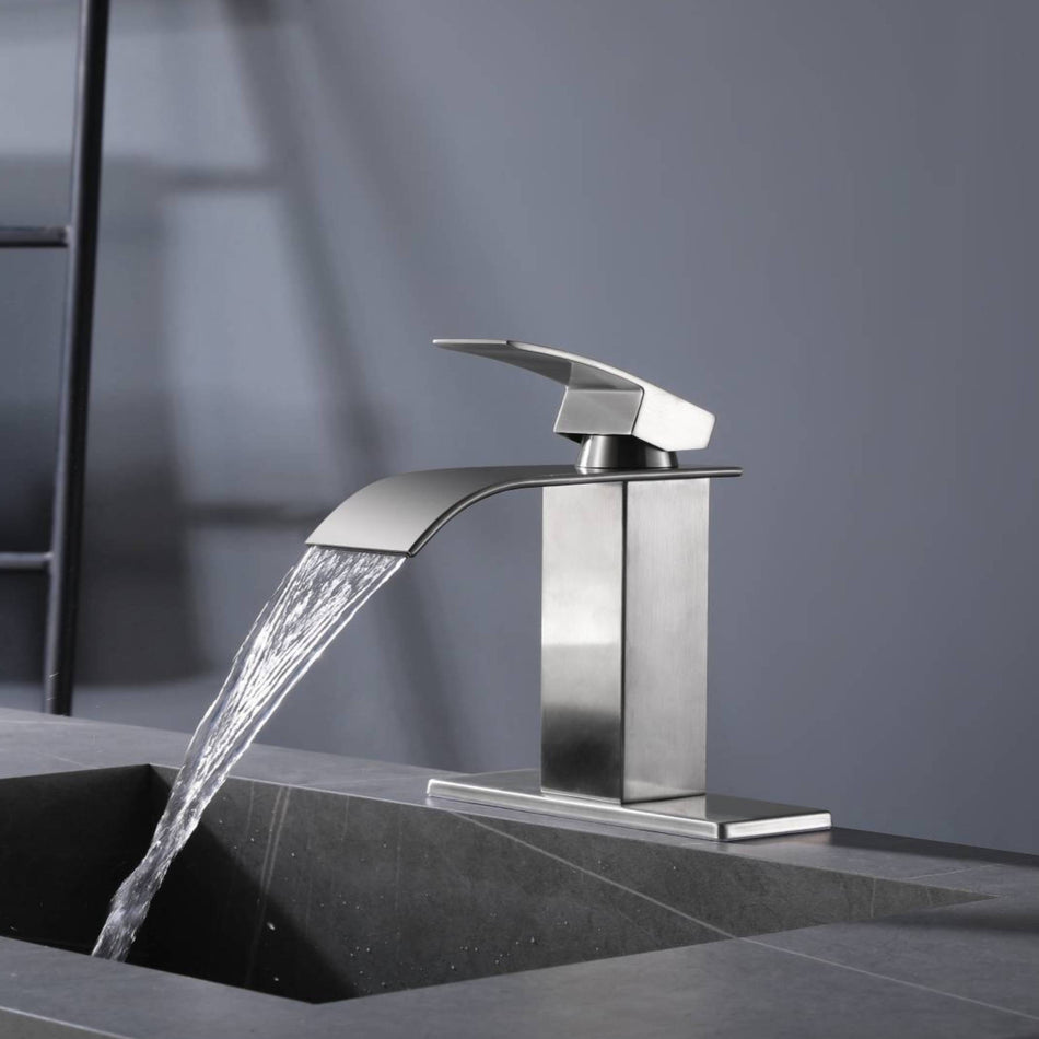 Brushed nickel waterfall Bathroom Faucet brass with plate and brass pop up drain