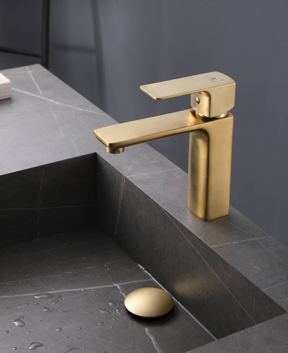 Brushed Gold waterfall single handle widespread bathroom sink faucet with pop up brass overflow drain