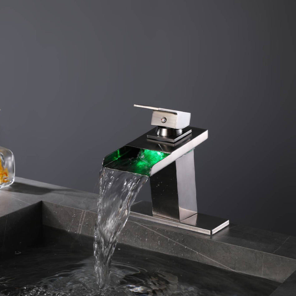 Brushed nickel waterfall 3 LED light single handle brass bathroom faucet with pop up brass drain
