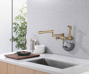 
                  
                    Brushed Gold Pot Filler Faucet Folding Stretchable Brass Hot & Cold Kitchen Faucet Wall Mount with side sprayer
                  
                