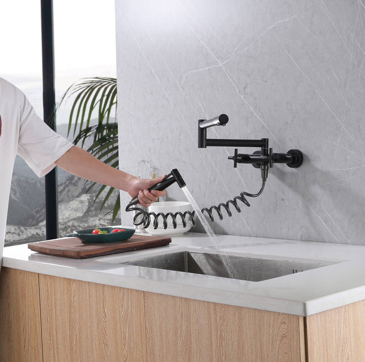 Matte black Pot Filler Faucet Folding Stretchable Brass Hot & Cold Kitchen Faucet Wall Mount