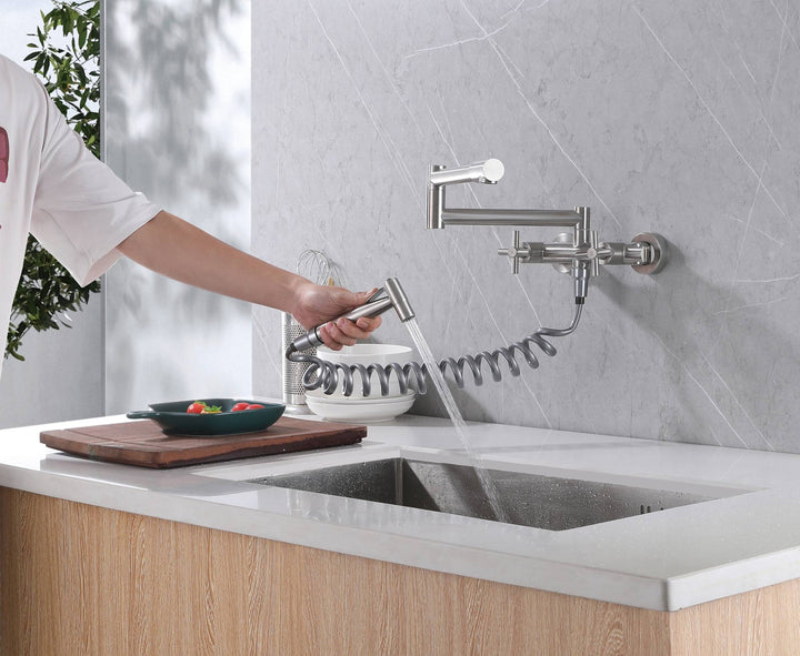 Brushed nickel Pot Filler Faucet Folding Stretchable Brass Hot & Cold Kitchen Faucet Wall Mount