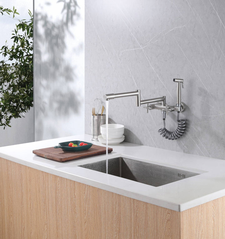 Brushed nickel Pot Filler Faucet Folding Stretchable Brass Hot & Cold Kitchen Faucet Wall Mount