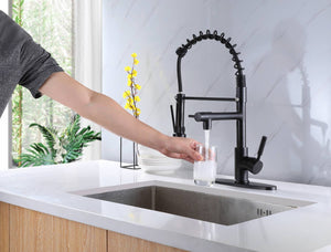 
                  
                    Matte Black High Arc brass Kitchen Sink Faucet Pull Down metal Spray with deck plate and lock ring
                  
                
