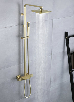 Brushed Gold 8'' rain shower head 3 function thermostatic exposed handle shower system with tub spout and handle shower