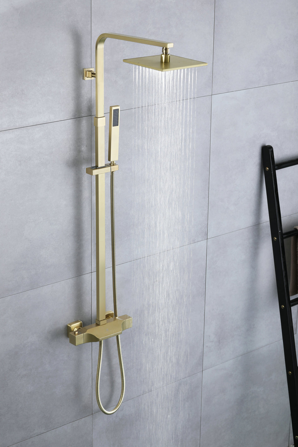 Brushed Gold 8'' rain shower head 3 function thermostatic exposed handle shower system with tub spout and handle shower