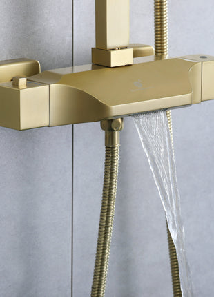 Brushed Gold 8'' rain shower head 3 function thermostatic exposed handle shower system with tub spout and handle shower
