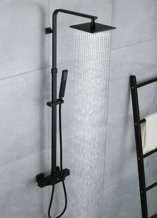 Matte Black 8 Inch Rainfall Shower Head 3 Way  Thermostatic exposed handle shower with tub faucet and handle shower