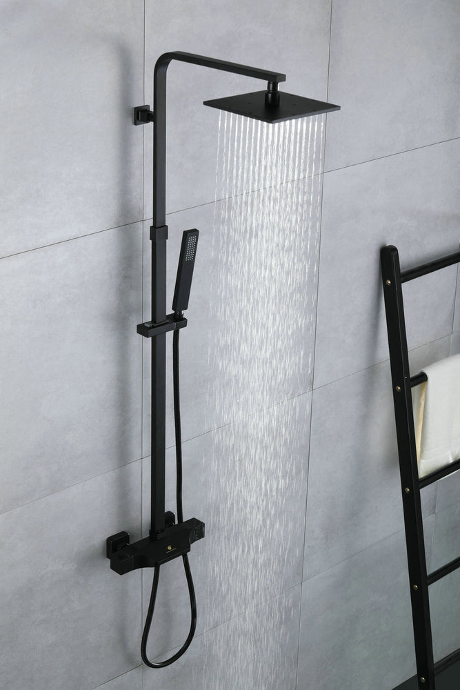 Matte Black 8 Inch Rainfall Shower Head 3 Way  Thermostatic exposed handle shower with tub faucet and handle shower