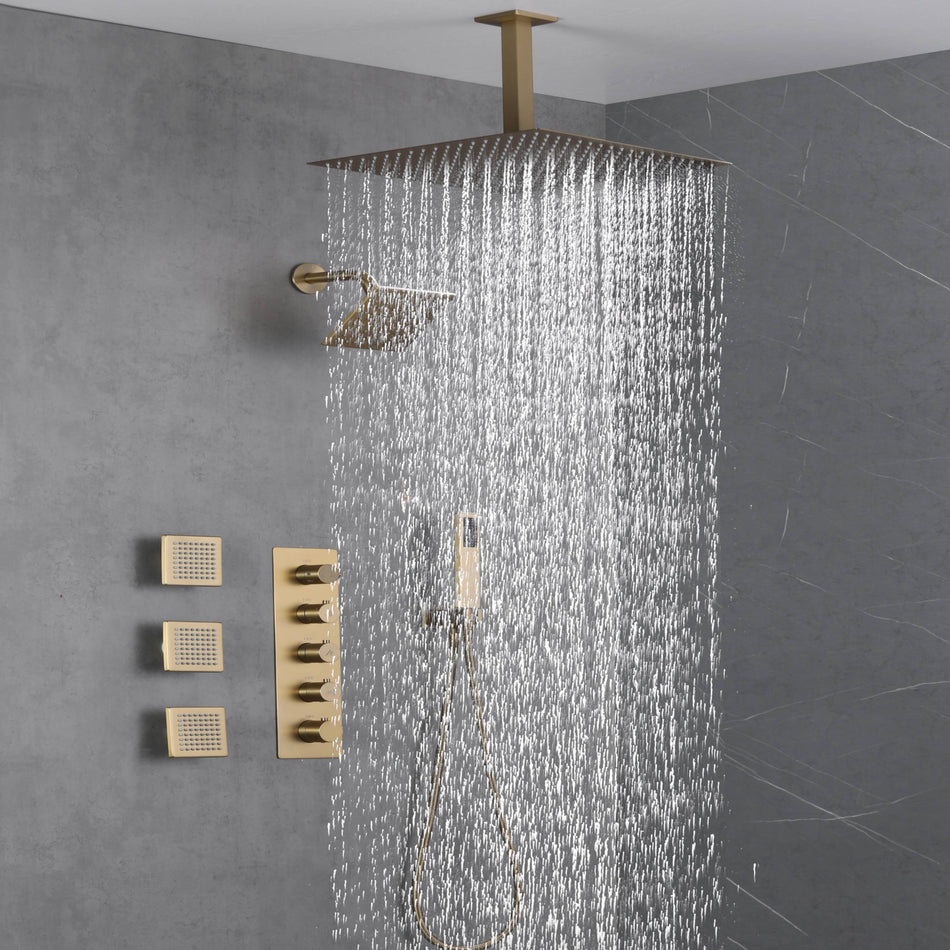 Brushed Gold 4 Function Thermostatic Faucet Set with Ceiling 12" or 16'' Rain Shower Head, High Pressure 6", Body Jets and Handheld Spray