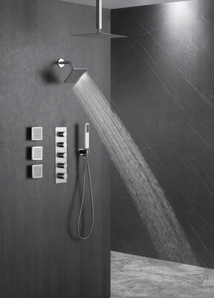 Brushed Nickel 4 Function Thermostatic Faucet Set with Ceiling 3 Color LED 16" Rain Shower Head, High Pressure 6", Body Jets and Handheld Spray