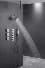 Brushed Nickel 4 Function Thermostatic Faucet Set with Ceiling 3 Color LED 16" Rain Shower Head, High Pressure 6", Body Jets and Handheld Spray
