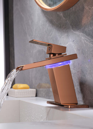Rose Gold Waterfall 3 LED Lights Single Handle Bathroom Sink Faucet with Cover and Pop Up Brass Overflow Drain