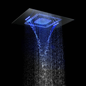 
                  
                    Matte Black Flushed in 31 Inch Rainfall Waterfall Bluetooth Music LED Light Shower Head 6 Functions Thermostatic Shower Faucet Set with Body Jets Each Function Work All Together and Separately
                  
                