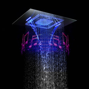 
                  
                    Matte Black Flushed in 31 Inch Rainfall Waterfall Bluetooth Music LED Light Shower Head 6 Functions Thermostatic Shower Faucet Set with Body Jets Each Function Work All Together and Separately
                  
                