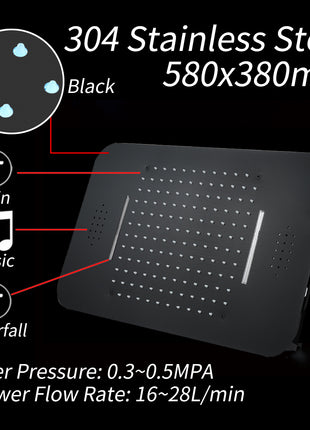 Matte Black Music LED Flushed in 23 X 15 inch waterfall rainfall shower head 4 way thermostatic valve that each function run at the same time and seperately