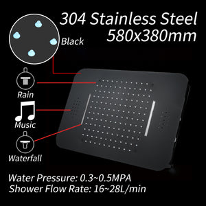 
                  
                    Matte Black Music LED Flushed in 23 X 15 inch waterfall rainfall shower head 4 way thermostatic valve that each function run at the same time and seperately
                  
                