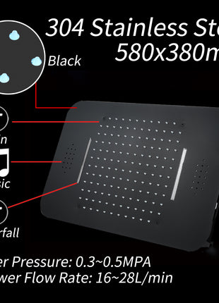 Matte Black 23 Inch Flushed Ceiling Mount Rainfall Waterfall 64 LED Light Bluetooth Music Shower Head 5 Way Thermostatic Shower Faucet Set with regular head and Touch Panel