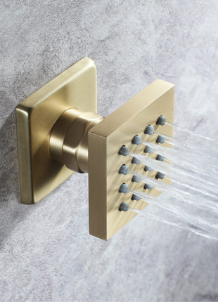 ceiling mounted rain shower 4 way Brushed Gold thermostatic shower system  with 6 body jets and wall mount rain shower