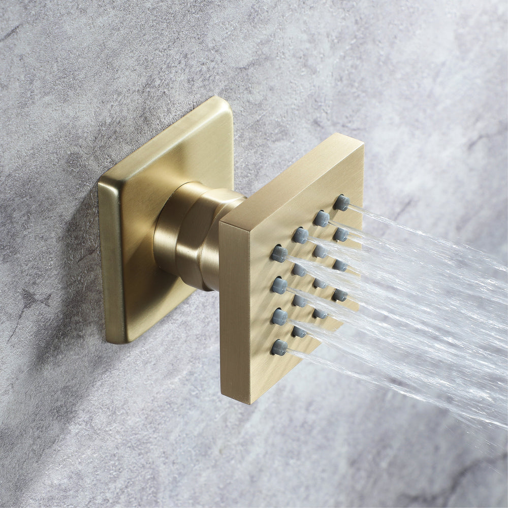 
                  
                    ceiling mounted rain shower 4 way Brushed Gold thermostatic shower system  with 6 body jets and wall mount rain shower
                  
                
