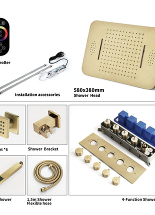 Brushed Gold Music LED Flushed in 23 X 15 inch or 20 x 20 inch shower head 5 way thermostatic shower system with regular head and body sprayers