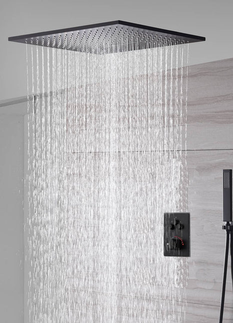 20inch matte black ceiling mount rainfall waterfall shower systems 3 way thermostatic valve with 6 body jets