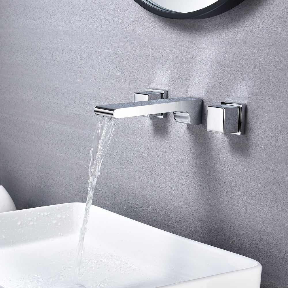 Chrome waterfall Wall mount 3 holes two handles bathroom sink faucet with brass pop up overflow drain