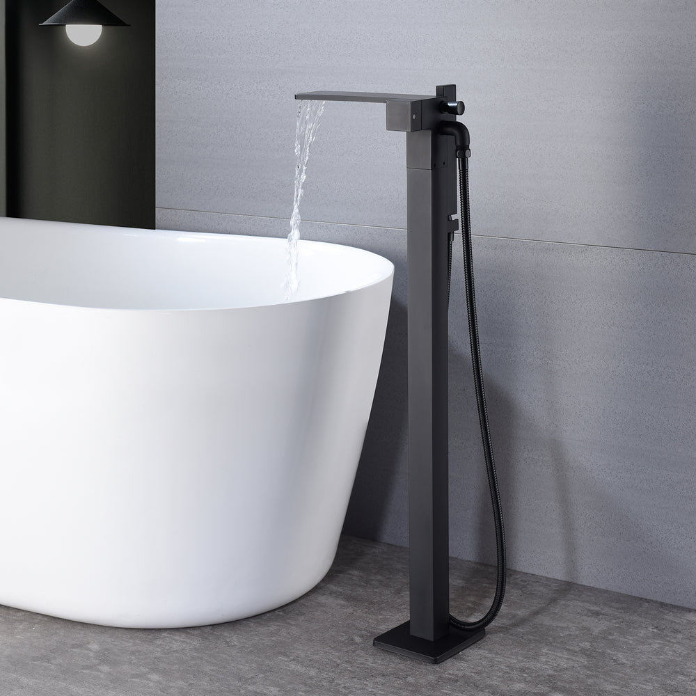 Waterfall Matte Black Freestanding Single Handle Bathtub Faucet with Handheld Sprayer