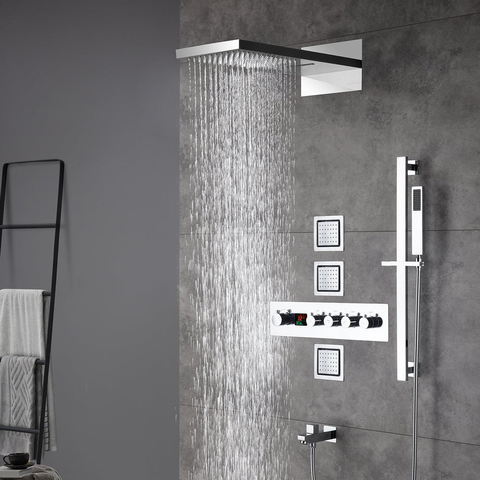 22inch rainfall and waterfall Chrome 4 Way digital Thermostatic Shower Faucet with 4inch Body Jet