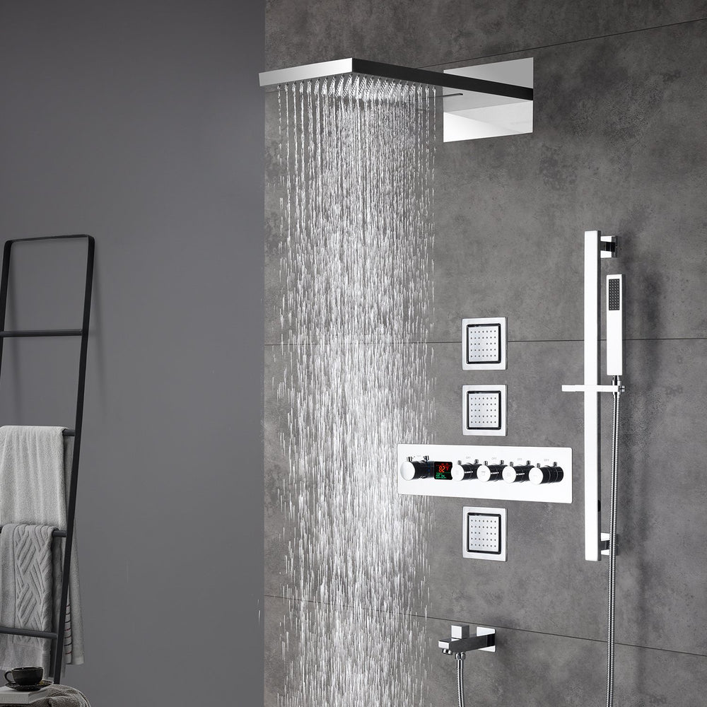 
                  
                    22inch rainfall and waterfall Chrome 4 Way digital Thermostatic Shower Faucet with 4inch Body Jet
                  
                