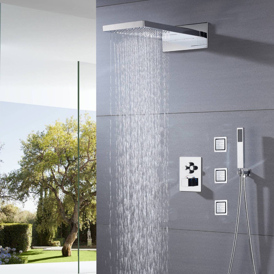 4 way thermostatic valve Chrome 22'' waterfall rainfall Thermostatic Shower system with flush 4inch body jets