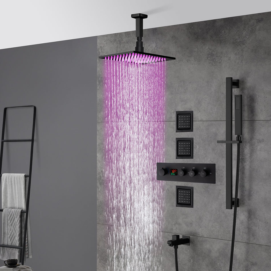 16inch LED matt black 3 way digital thermostatic shower faucet with sliding bar and 4inch body jets