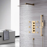 Brushed Gold Wall Mounted 12 inch or 16 Inch Rainfall Shower Head 3 Way Thermostatic Shower Faucet Set with Slide Bar and 6 Body Jets Each Function Work All Together and Separately