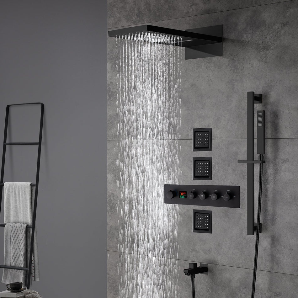 22inch rainfall and waterfall matte black 4 Way digital Thermostatic Shower Faucet with 4inch Body Jet