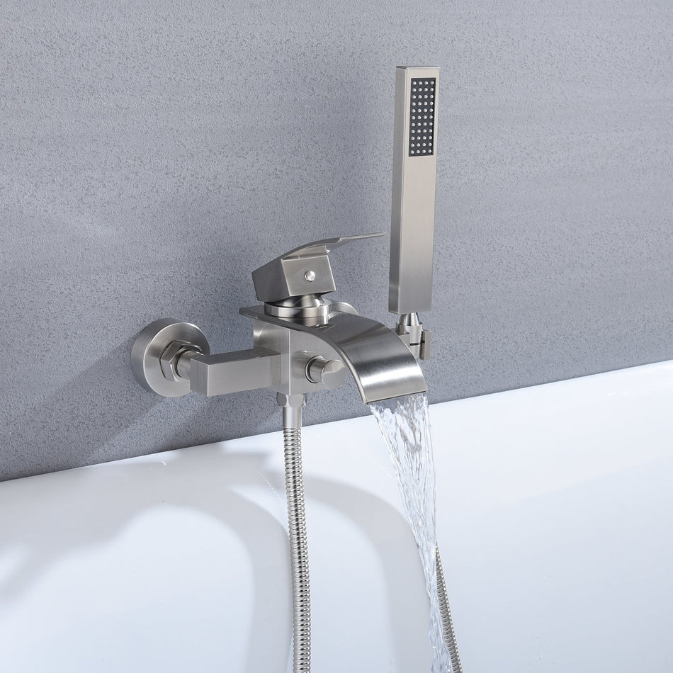 Waterfall Wall-mount Bath Tub Filler Faucet with Handheld Shower Brushed Nickel