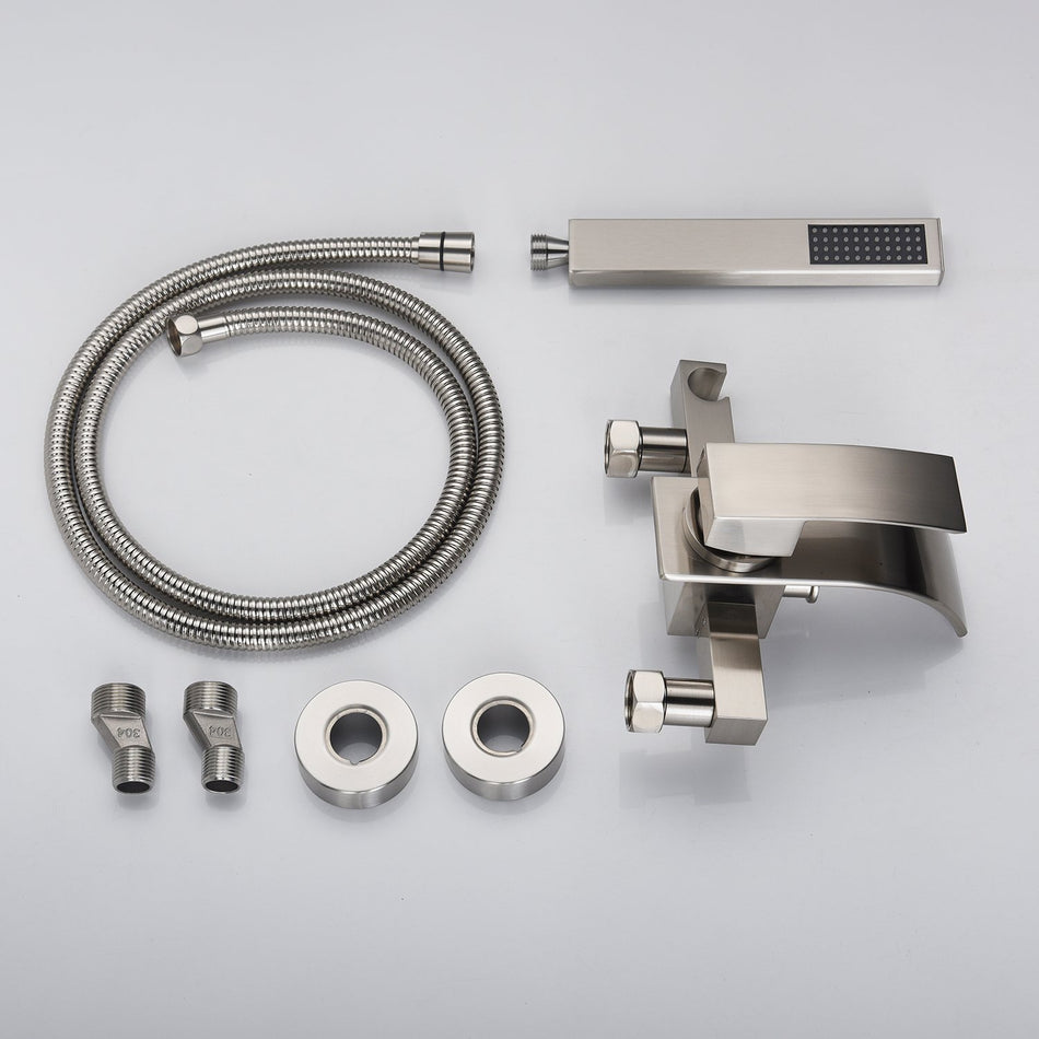 Waterfall Wall-mount Bath Tub Filler Faucet with Handheld Shower Brushed Nickel