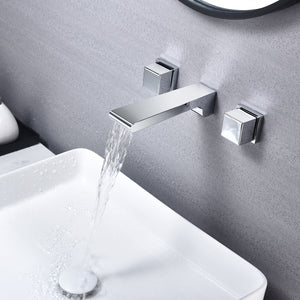 
                  
                    Chrome waterfall Wall mount 3 holes two handles bathroom sink faucet with brass pop up overflow drain
                  
                