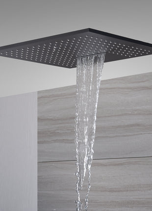 20inch matte black ceiling mount rainfall waterfall shower systems 3 way thermostatic valve with 6 body jets