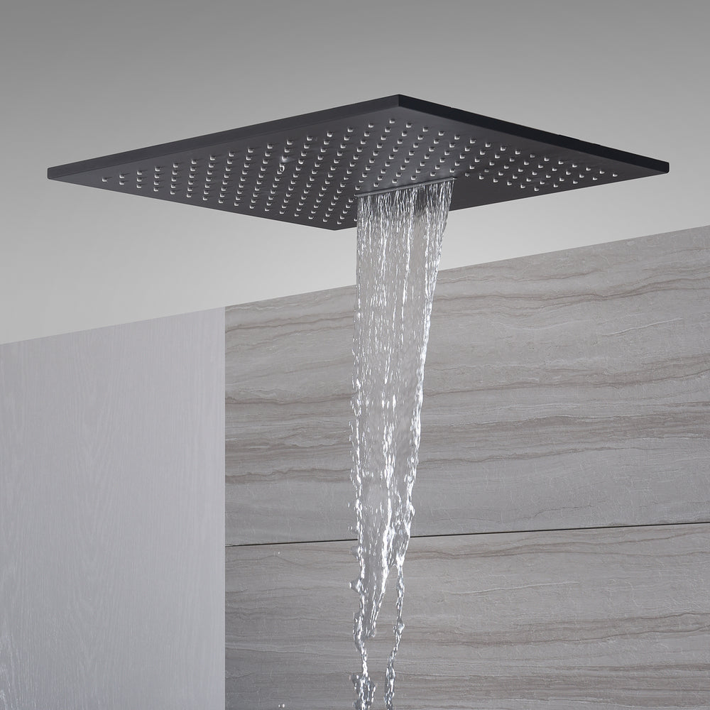 
                  
                    20inch matte black ceiling mount rainfall waterfall shower systems 3 way thermostatic valve with 6 body jets
                  
                