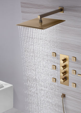 Brushed Gold Wall Mounted 12 inch or 16 Inch Rainfall Shower Head 3 Way Thermostatic Shower Faucet Set with Slide Bar and 6 Body Jets Each Function Work All Together and Separately