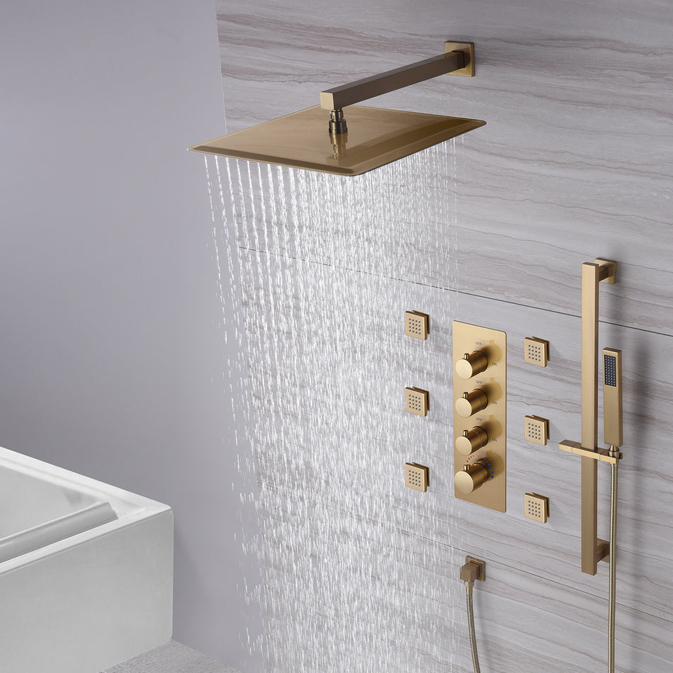Brushed Gold Wall Mounted 12 inch or 16 Inch Rainfall Shower Head 3 Way Thermostatic Shower Faucet Set with Slide Bar and 6 Body Jets Each Function Work All Together and Separately